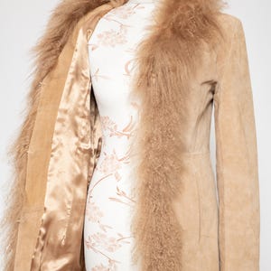 Vintage Penny Lane coat beige real curly fluffy llama mongolian fur trim boho hippie afghan spring real suede leather jacket • Size S image 13