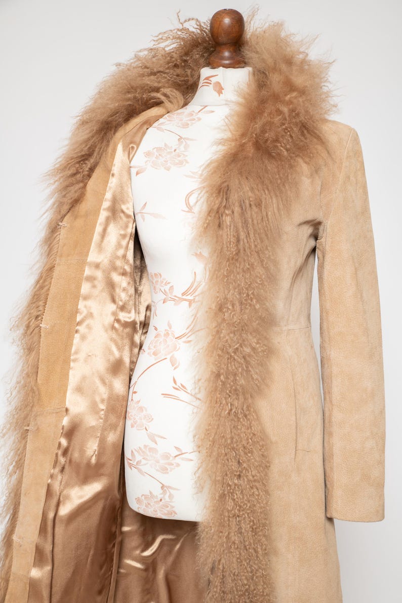 Vintage Penny Lane coat beige real curly fluffy llama mongolian fur trim boho hippie afghan spring real suede leather jacket • Size S image 13
