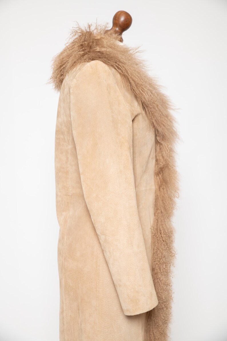Vintage Penny Lane coat beige real curly fluffy llama mongolian fur trim boho hippie afghan spring real suede leather jacket • Size S image 11