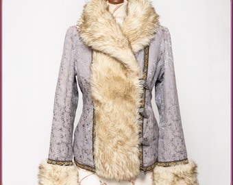 May include: A grey faux fur-trimmed jacket with a gold and black patterned design. The jacket has a large faux fur collar and cuffs.