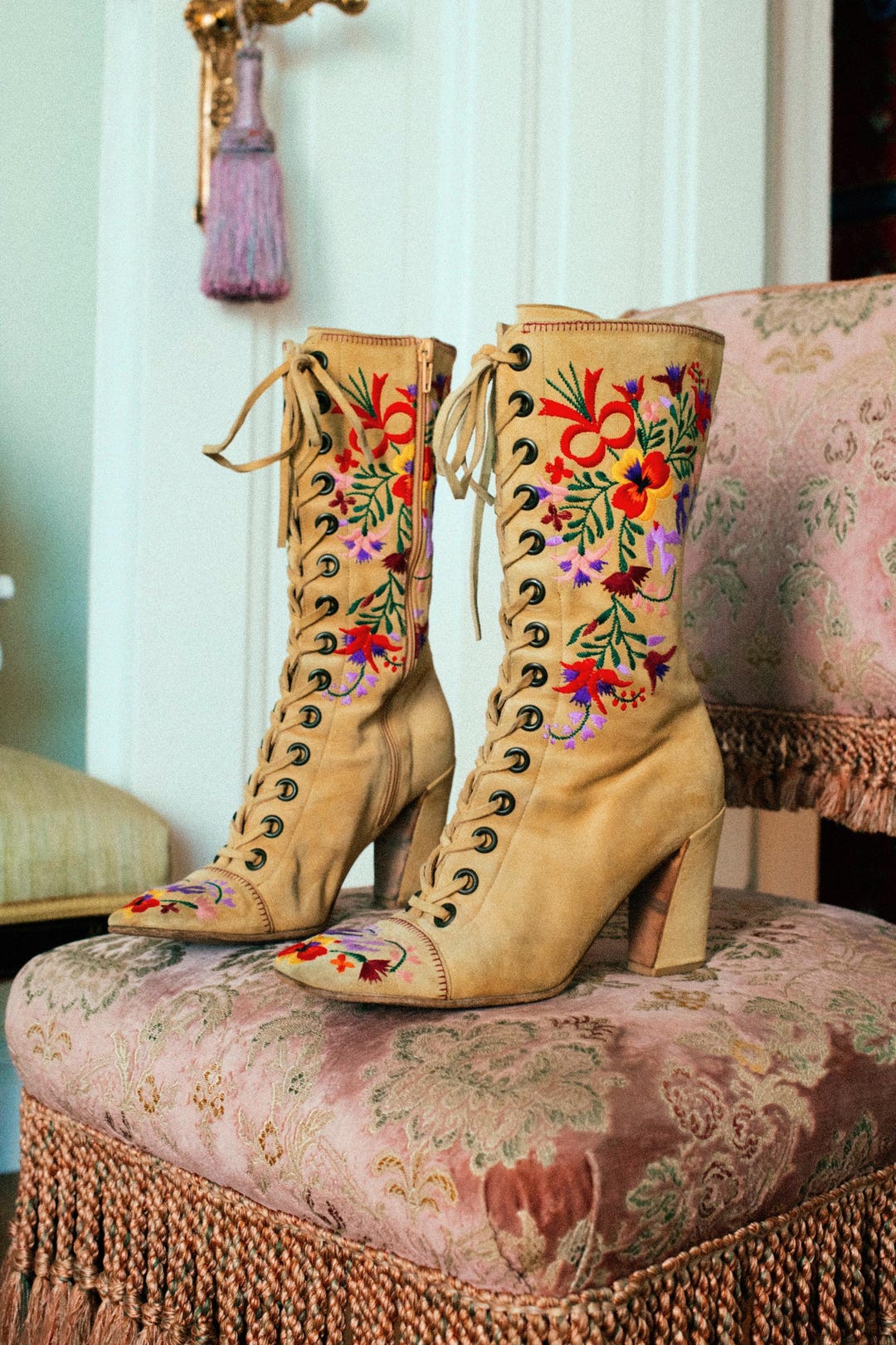 Vintage MIU MIU Suede Boots Floral Embroidery Designs Lace up Gogo