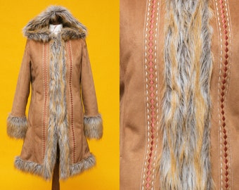 Absolutely stunning fluffy vegan faux fur Penny Lane vegan coat with hood and embroidered details. 1970s afghan inspired hippie coat