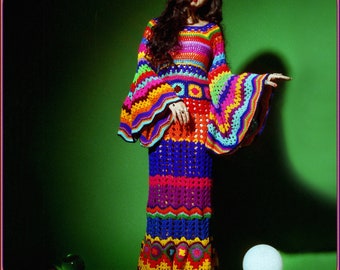 Fantastique robe au crochet EUPHORIA II psychédélique des années 70. Robe arc-en-ciel électrique tricotée à la main par une fée acide unique en son genre. Kaléidoscopique ultra rare