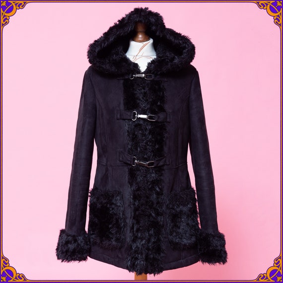 Vintage faux lamb fur vegan coat with hood. Y2k s… - image 1