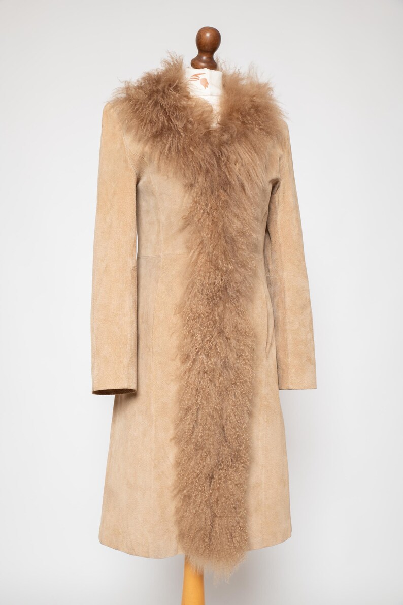 Vintage Penny Lane coat beige real curly fluffy llama mongolian fur trim boho hippie afghan spring real suede leather jacket • Size S image 12