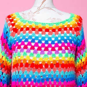 Magical psychedelic FANTASIA NEON 1970s inspired psych mod rainbow bell sleeve crochet dress. image 3