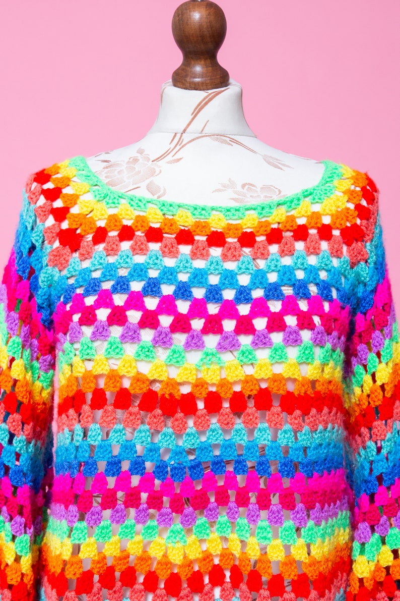 Magical psychedelic FANTASIA NEON 1970s inspired psych mod rainbow bell sleeve crochet dress. image 3