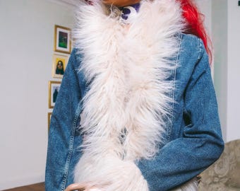 Faux fur denim jacket y2k 2000s retro 70s style festival grunge boho lolita faux fur collar faux fur cuffs jean jacket. Size XXS
