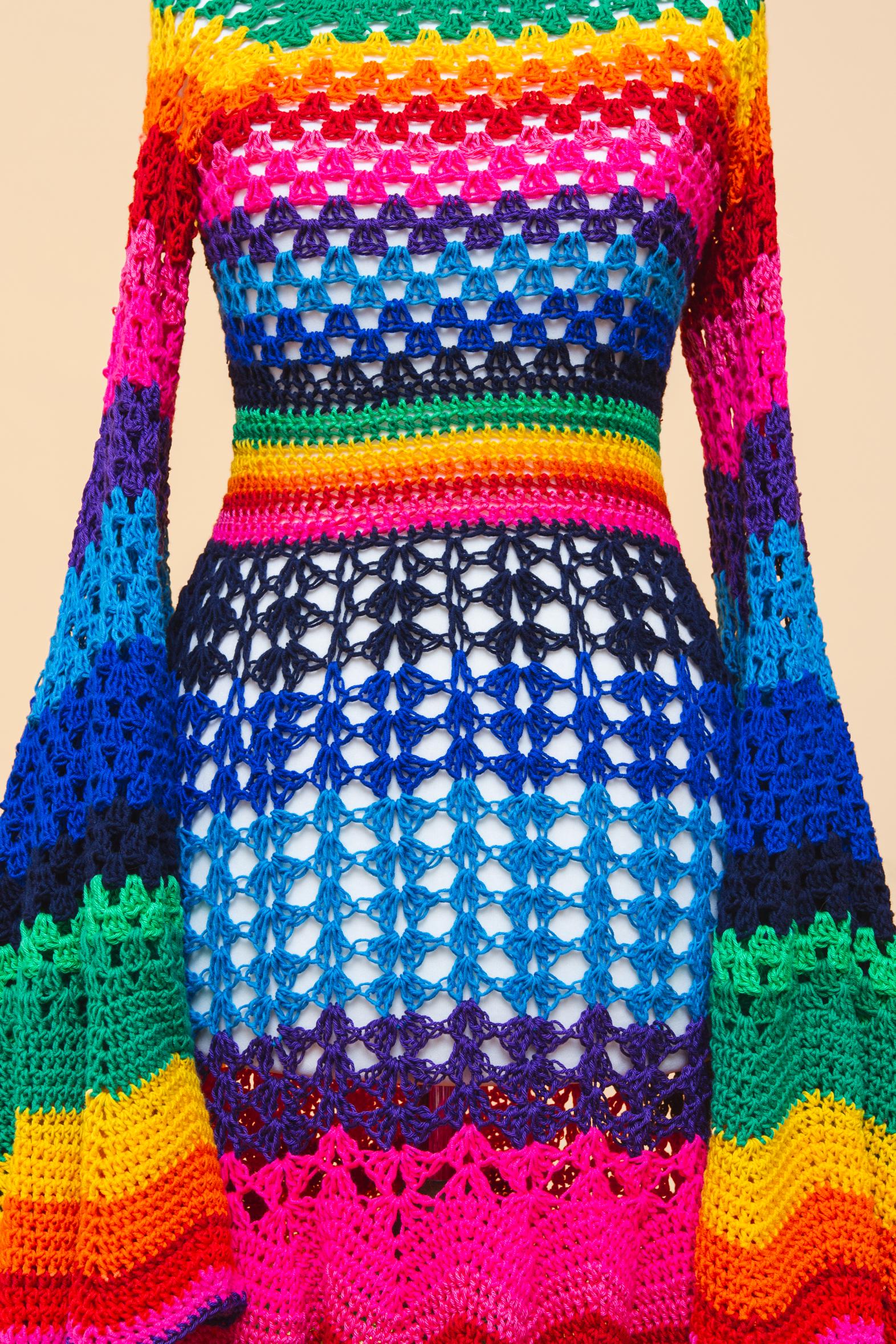 rainbow crochet dress long sleeve Ripple Crochet Dress Rainbow Bell Sleeve Color Block Cotton Mini 60s the  Fool Medieval Revival Fairy Hippie Boho Lolita Festival Knitwear