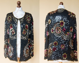 Vintage 100% silk embellished jacket with beads & multicolored sequins. Handmade MADE IN INDIA sequined jacket