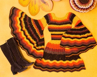 FAR OUT 60s 70s electric orange &quot;M A R I J K E - 70s DREAM&quot; bell sleeve crochet dress. One of a kind 100% handamade dress. Retro mod dress.