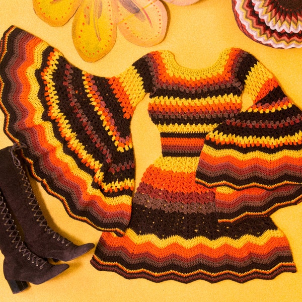 FAR OUT electric orange "M A R I J K E - 70s DREAM" bell sleeve crochet dress. 100% handamade. 60s 70s psychedelic inspired work of art