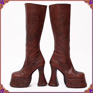 Rare & ICONIC vintage 90s does 70s SHOCK embroidered mega platform boots. Knee high floral design boots. Daisy Jones And The Six boots US 5