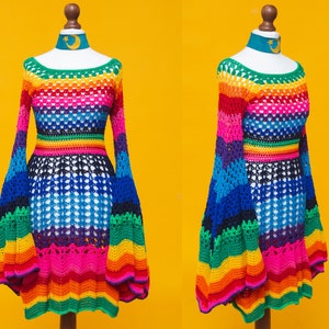 Fantastic ! 1960s inspired psych mod rainbow bell sleeve crochet dress. One of a kind, handmade with hand knitted dress