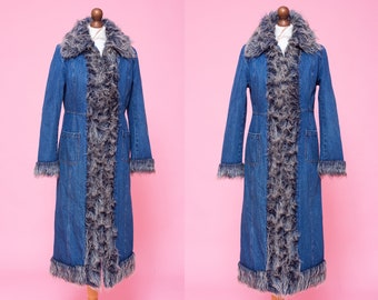 Magical 1960s 1970s inspired jeans & faux fur trim vegan PENNY LANE coat. Almost Famous vibes. Afghan y2k coat