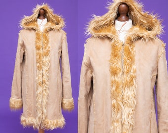 Vintage 1970's style faux shearling & faux fur coat with hood. "Penny Lane from Almost Famous vibes" coat!