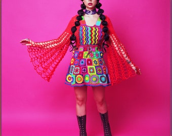 Magical psychedelic 60s inspired THE HOLY RAINBOW overall crochet dress . Granny square handamade knit dress. 60s and 70s psychedelia