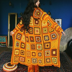 Granny square afghan coat 70s style handmade patchwork sweater 100% cotton yarn whimsigoth crochet cardigan boho hippie woodstock knitwear