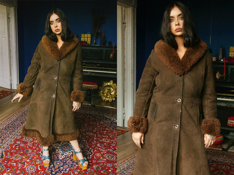 Extremely Rare And Beautiful 1970's Shearling Sheepskin Hippie Coat. Lamb Fur Folklore Bohemian Afghan Trophy 60s . Penny Lane 