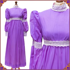 ULTRA RARE Vintage 1960s Medieval Revival Juliet Sleeves Maxi Dress. The Love Witch purple lace trim mod dress. Size SMALL