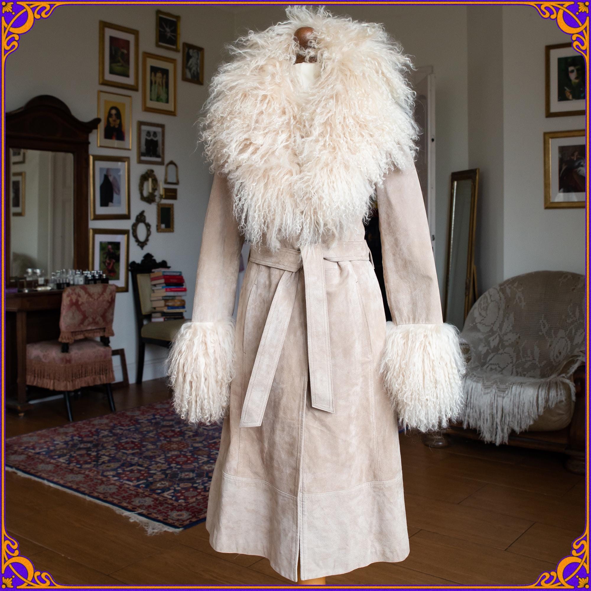 INCREDIBLE RARE Penny Lane coat. Insane beautiful 60s 70s style suede leather & mongolian tibetan fur coat. Vintage Daisy Jones coat. Size S