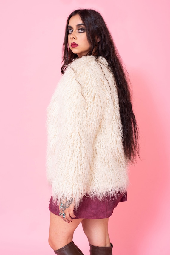 Shaggy cream faux mongolian tibetan fur vegan coa… - image 2