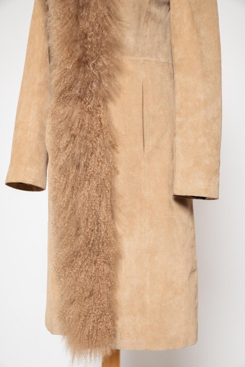 Vintage Penny Lane coat beige real curly fluffy llama mongolian fur trim boho hippie afghan spring real suede leather jacket • Size S image 8