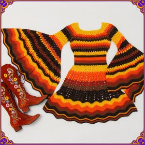 FAR OUT 60s 70s electric orange bell sleeves crochet dress. One of a kind 100% handamade &quot;MARIJKE&quot; dress. Retro mod hand knitted dress xxs-l
