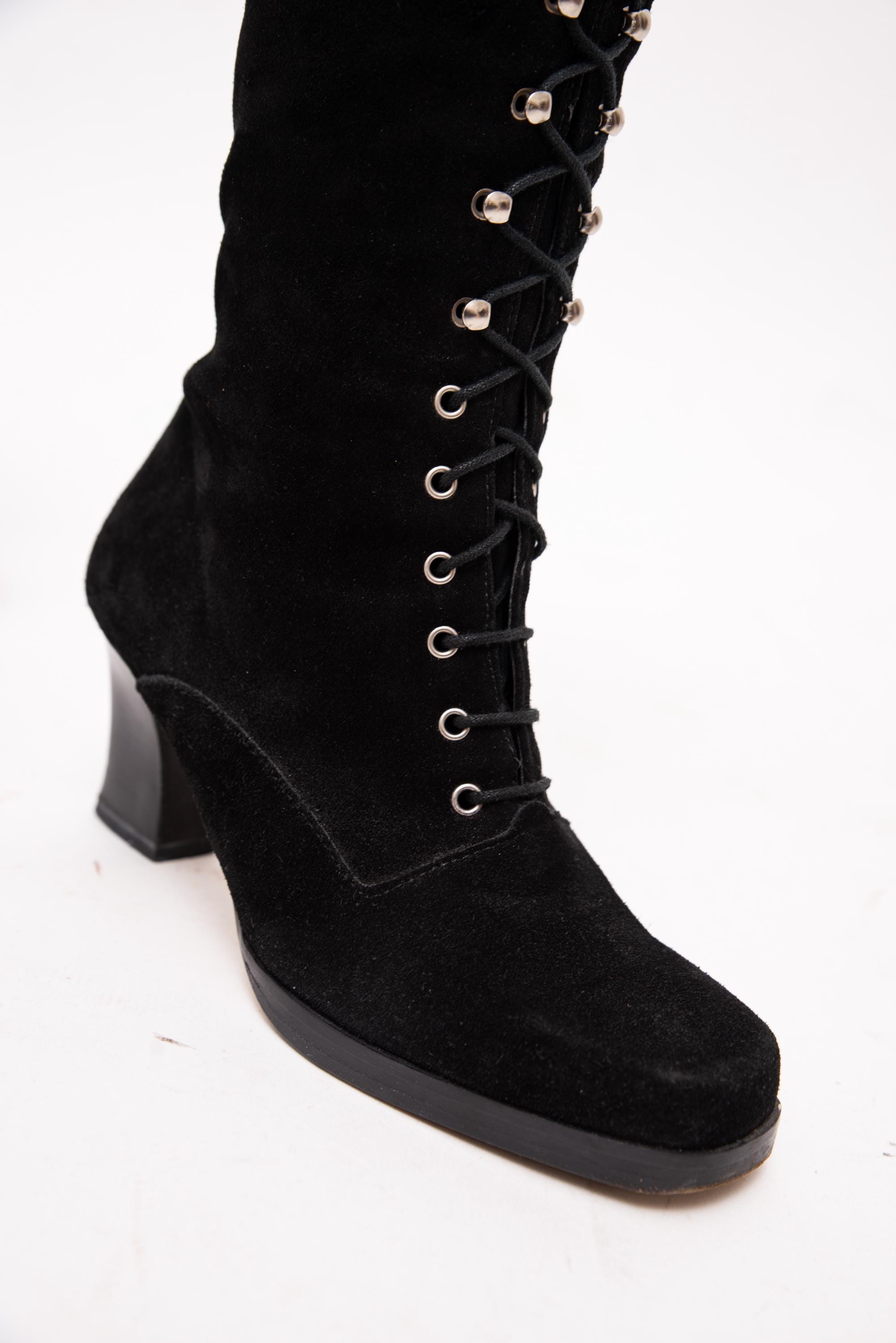 Vintage Victorian Lace up Boots Rare 60s Black Suede Knee High