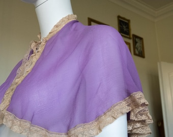 Capa vintage de encaje de gasa de seda de los años 20, RARA capa antigua lila transparente estilo vampiro gótico victoriano gran gatsby capa nupcial de boda