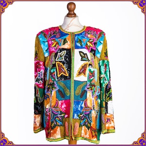 Holy moly! 1980&#39;s sequin beaded colorful rainbow fantasy jacket of our dreams . Vintage silk sequin colorful abstract print coat