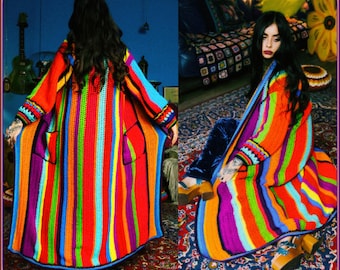 What dreams are made of... Magical rainbow stripe hand knitted crochet coat. TRUE HANDMADE with love colorful psychedelic hippie cardigan.