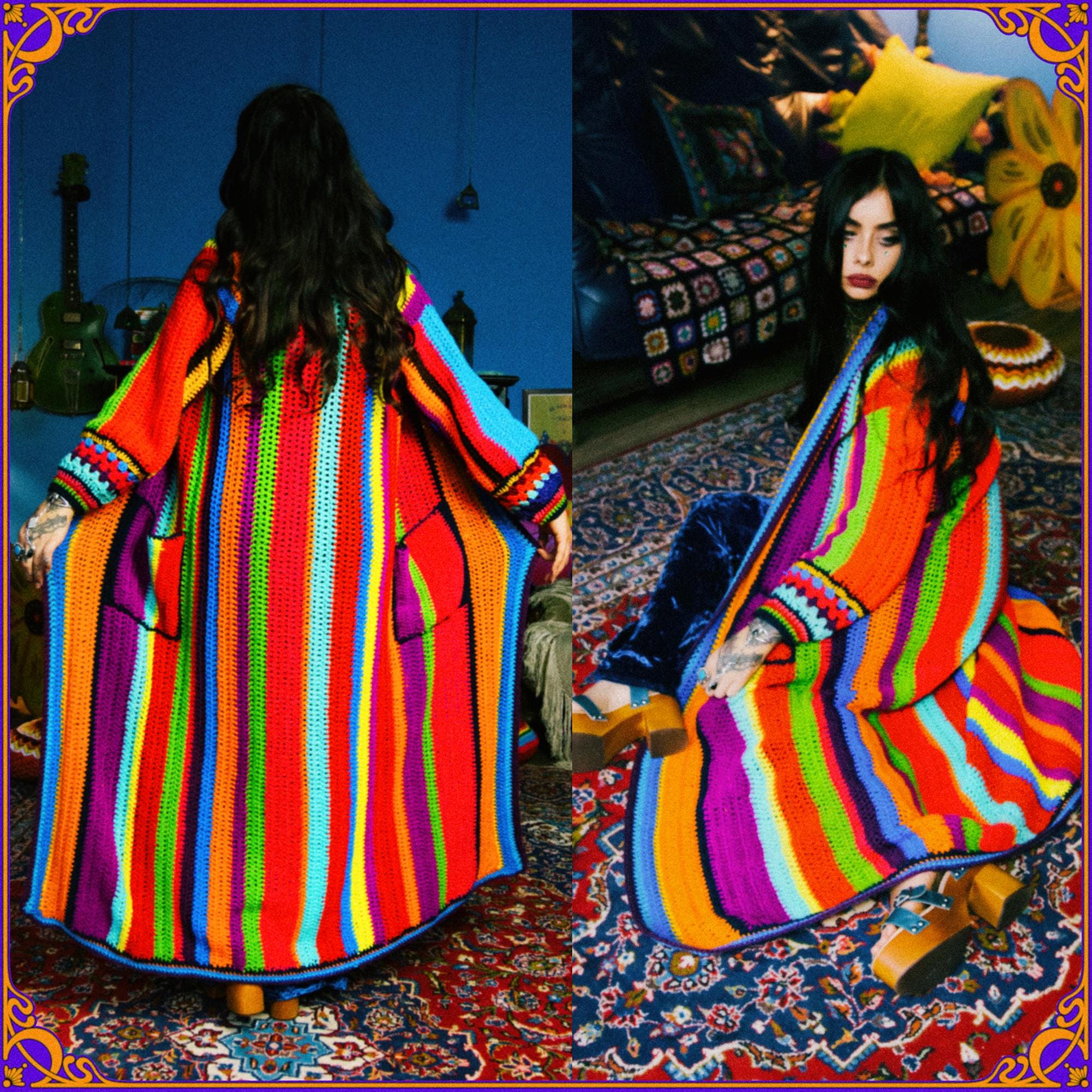 What dreams are made of... Magical rainbow stripe hand knitted crochet coat. TRUE HANDMADE with love colorful psychedelic hippie cardigan.