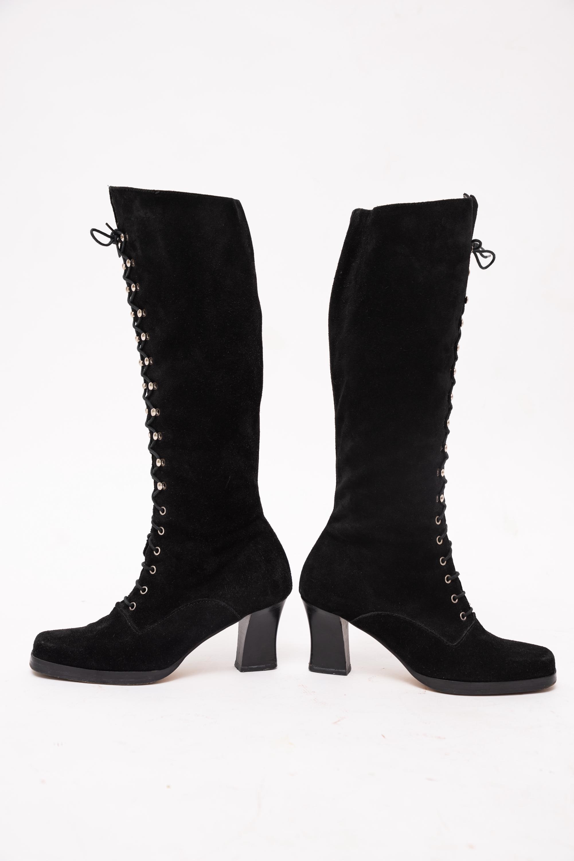 Vintage Victorian Lace up Boots Rare 60s Black Suede Knee High
