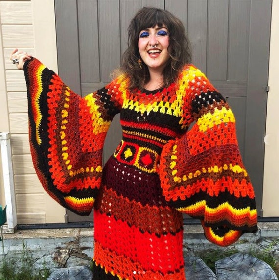 Striped Crochet Knit Maxi Dress Handmade Bell Sleeve Color Block Ren Faire Stevie Nicks Whimsigoth Boho Festival Mermaid Sweater Dress Striped Crochet Knit Maxi Dress Handmade Bell Sleeve Color Block Ren Faire Stevie Nicks Whimsigoth Boho Festival Mermaid Sweater Dress