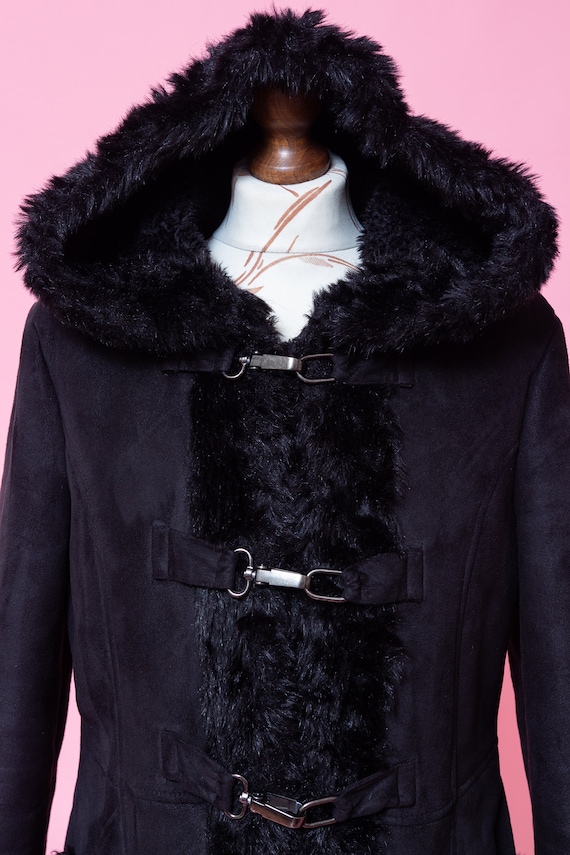 Vintage faux lamb fur vegan coat with hood. Y2k s… - image 3