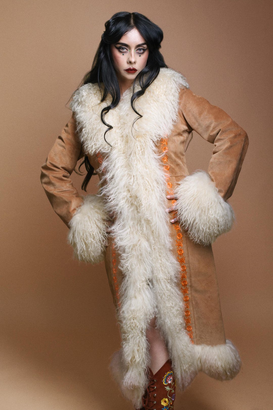 Vintage Penny Lane Coat Real Lama Mongolian Fur Embroidered Suede