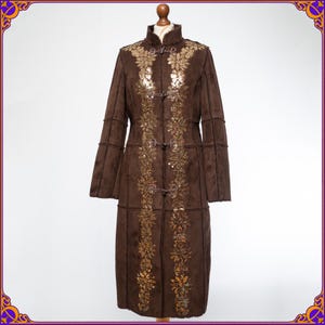 VERY RARE faux suede 70s style afghan coat with floral sequin appliques. 70s orient woodstock hippy hippie Penny Lane vegan coat. Size S
