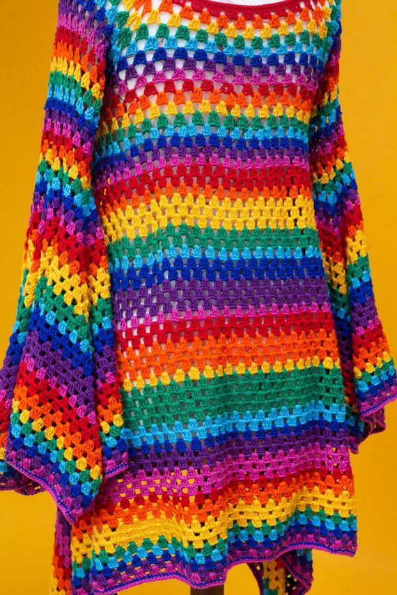 rainbow crochet dress long sleeve Rainbow Crochet Dress Bell Sleeve Knit Maxi Dress Medieval Revival 60s 70s Costume Psychedelic Whimsigoth Hippie Boho Pride Colorful Gown