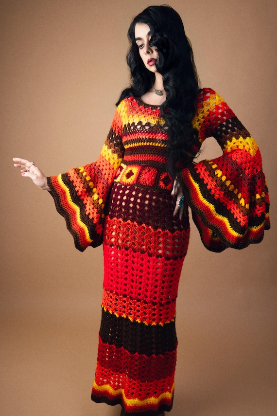 red crochet dress long sleeve Flared Long Sleeve Open Back Maxi Dress In Red Crochet Knit | EGO US