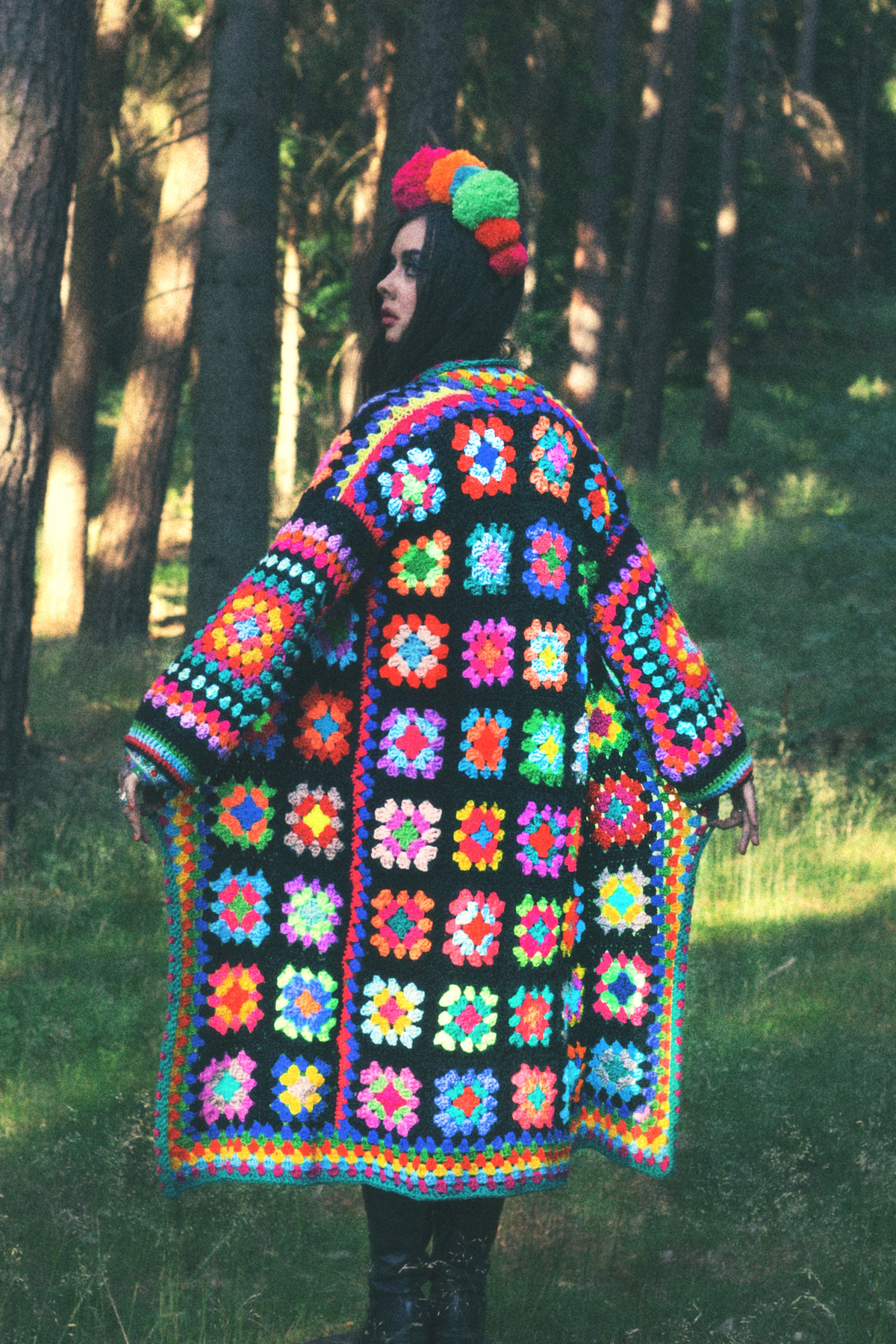 Rainbow Psychedelic Granny Square Colorful Crochet Coat. True