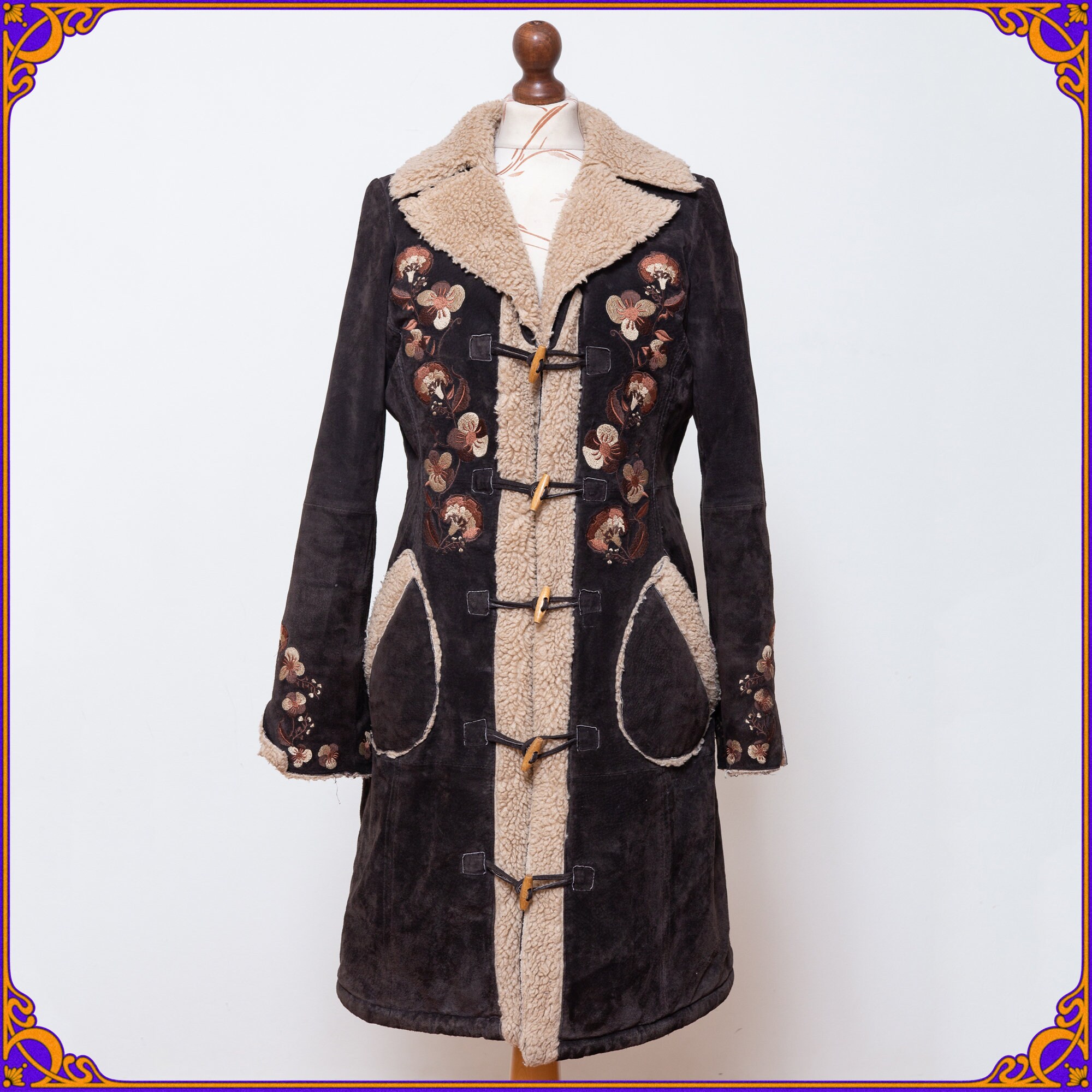 Vintage 1970's Style Suede Leather Boho Coat, Embroidered Vintage 1970's Style Suede Leather Boho Coat, Embroidered