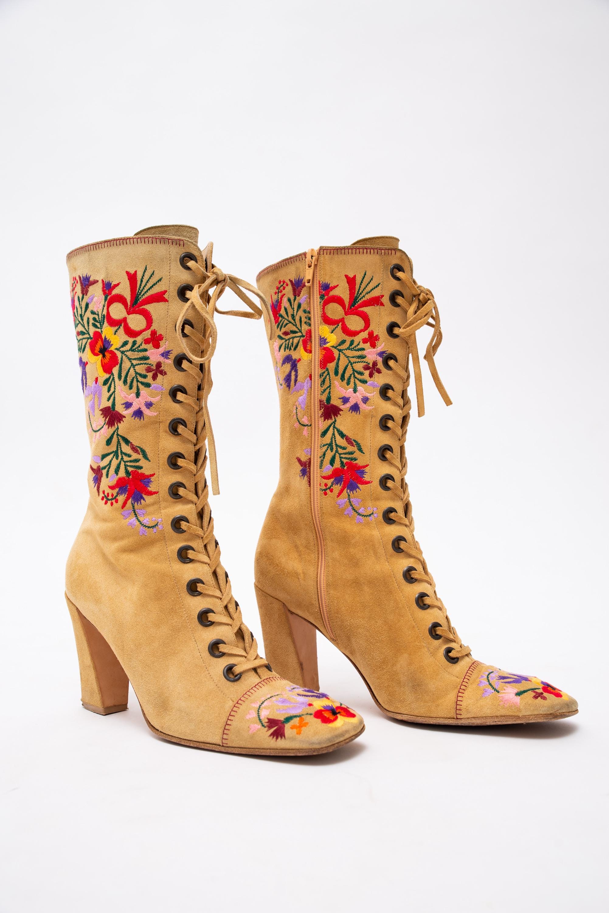 Vintage MIU MIU Suede Boots Floral Embroidery Designs Lace up Gogo