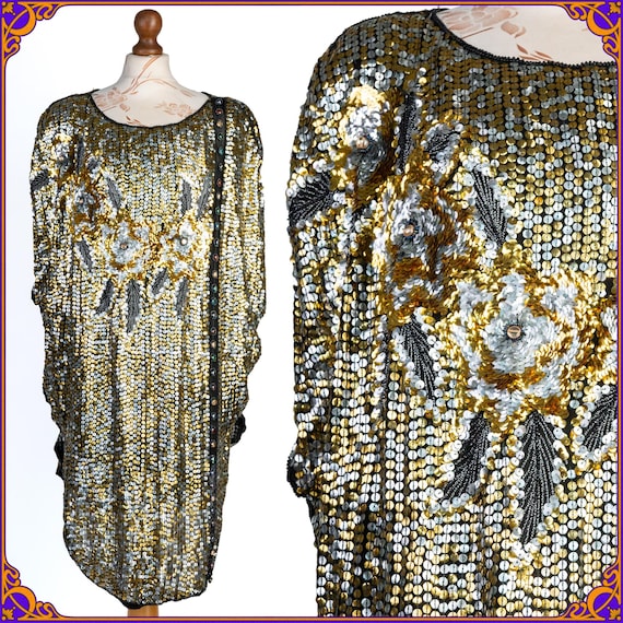 Vintage 70s Batwing Gold Sequin Dress. Studio 54 Beaded Art Deco Embellished 100% Silk Sequined Mob Wife Rockstar Cher Glam Festival Dress