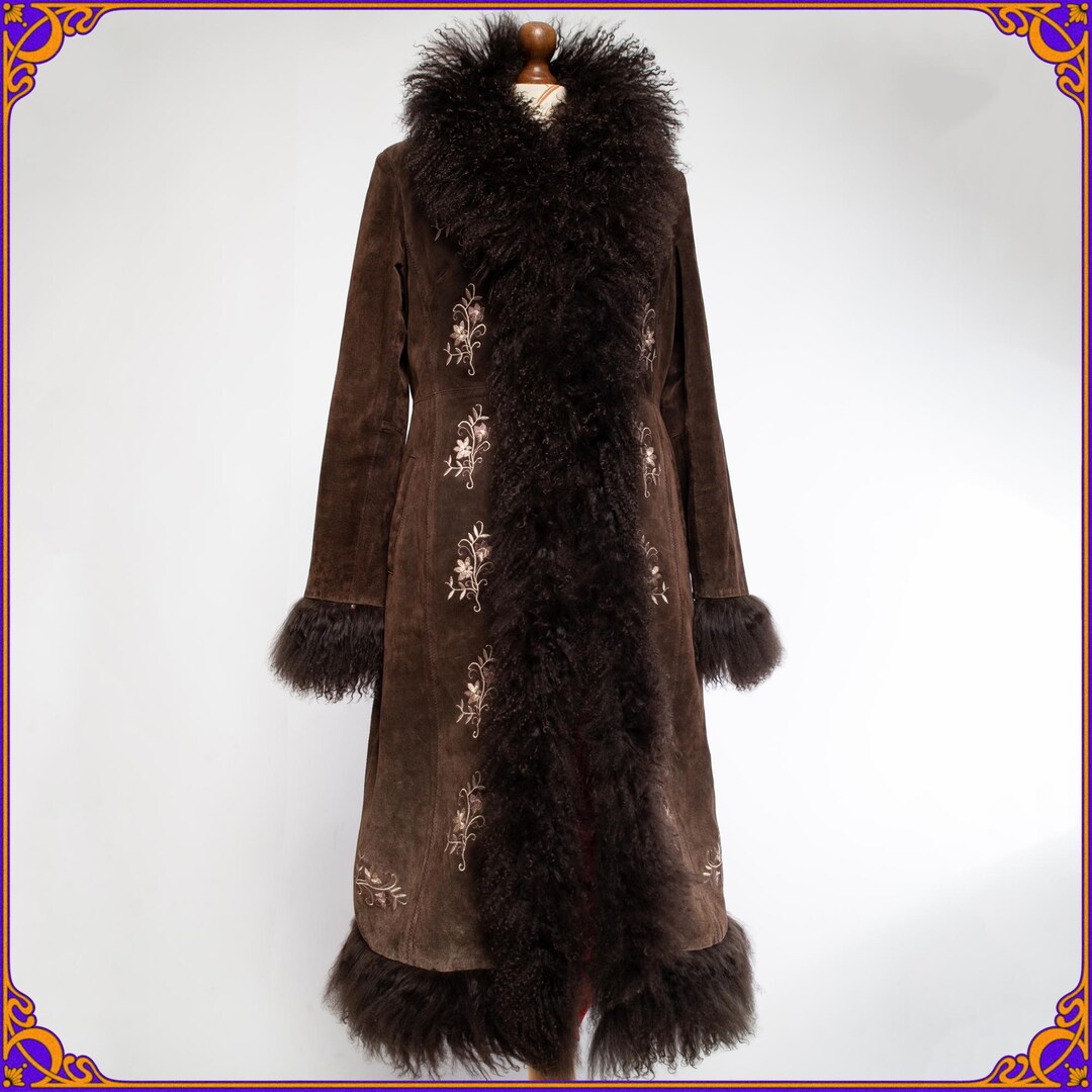 Manteau Long Style Penny Lane En Daim Et Fausse Fourrure - Taille L, Noir, Vintage Années 90, Occasion Très Bon état