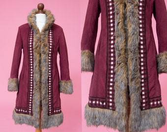 Absolutely stunning fluffy vegan faux fur Penny Lane vegan coat with embroidered details. 70s inspired afghan coat