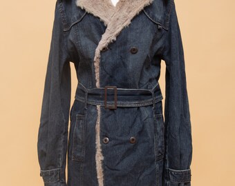 Vintage 2000s denim jacket with faux fur trim y2k trench coat Penny Lane whimsigoth lolita grunge 70s style furry afghan coat