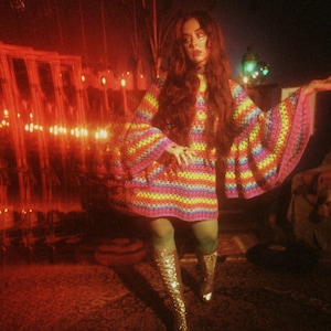 Magical psychedelic FANTASIA NEON 1970s inspired psych mod rainbow bell sleeve crochet dress. image 10