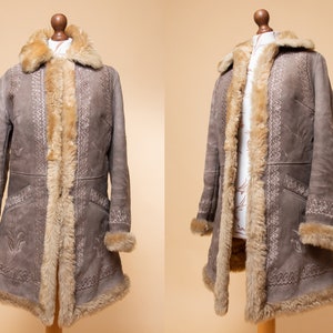 Vintage original 1960&#39;s WOODSTOCK sheepskin shearling hippy afghan coat with the most amazing floral embroidered design. PENNY LANE coat! M
