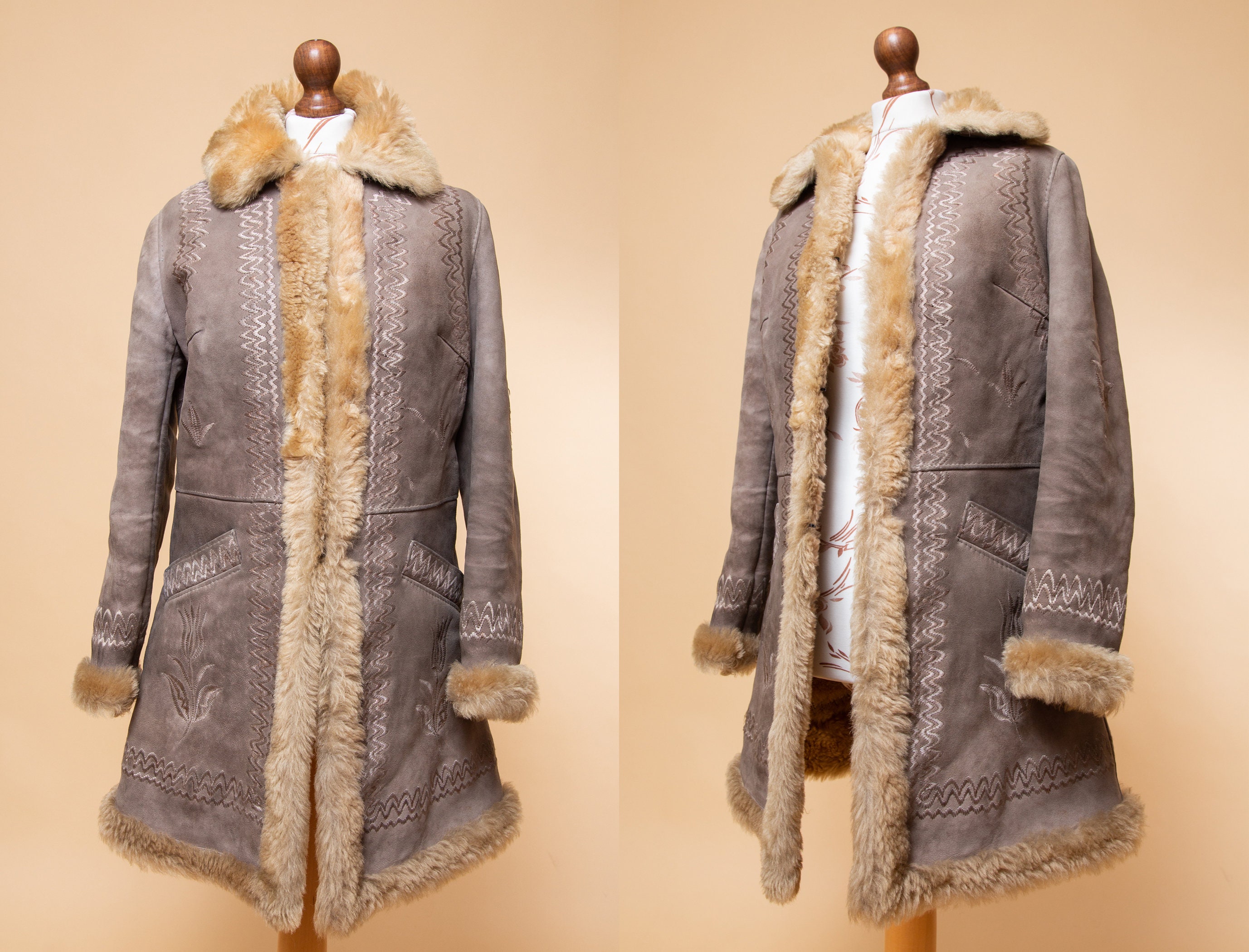 1960s Coats and Jackets Vintage Original 1960s Woodstock Sheepskin Shearling Hippy Afghan Coat With The Most Amazing Floral Embroidered Design. Penny Lane Coat $296.34 AT vintagedancer.com